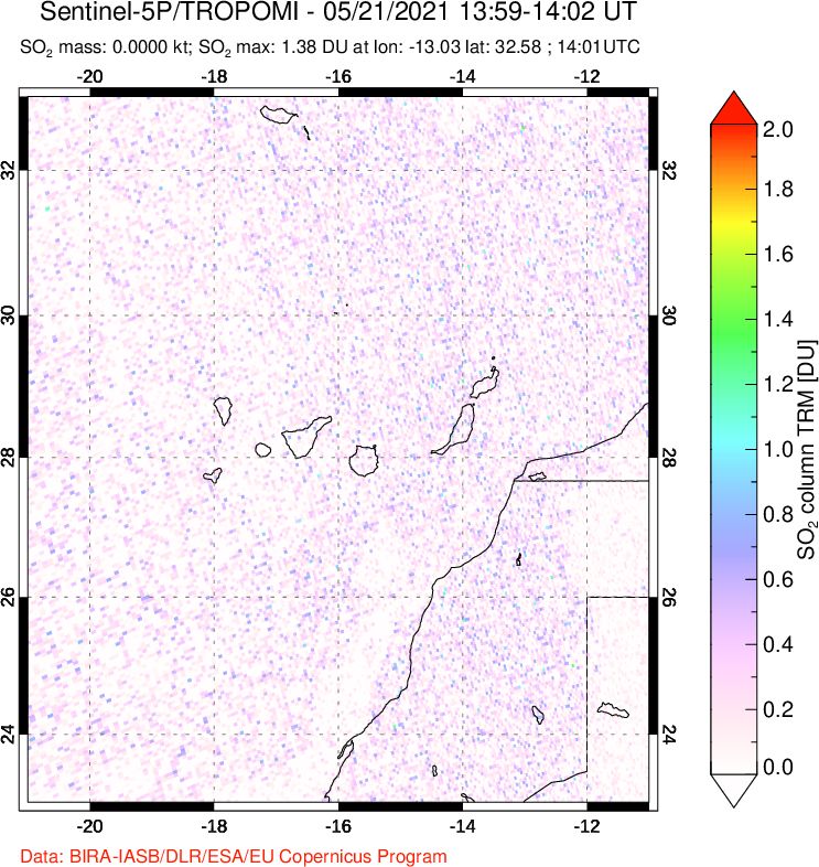 A sulfur dioxide image over Canary Islands on May 21, 2021.