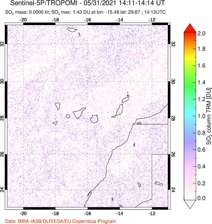 A sulfur dioxide image over Canary Islands on May 31, 2021.