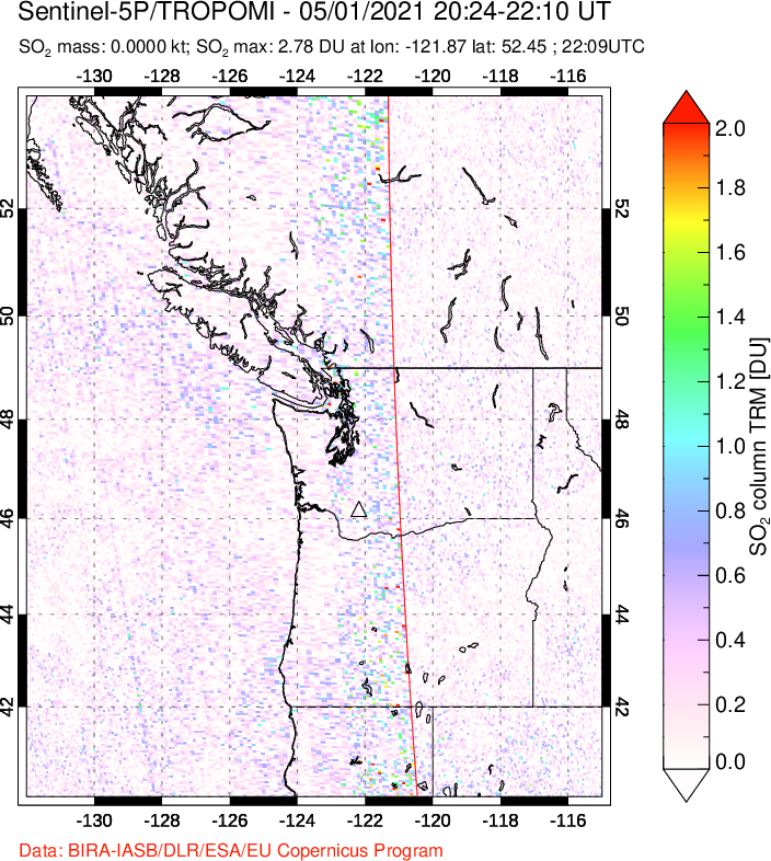 A sulfur dioxide image over Cascade Range, USA on May 01, 2021.