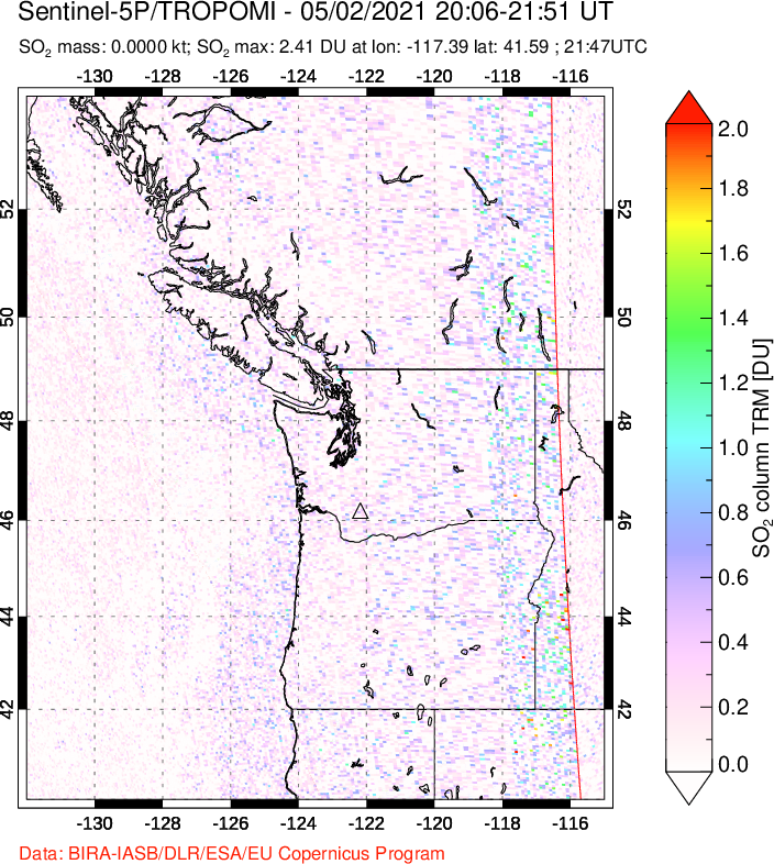 A sulfur dioxide image over Cascade Range, USA on May 02, 2021.