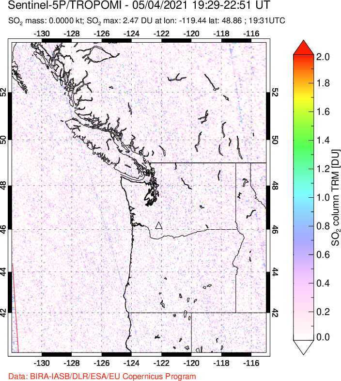 A sulfur dioxide image over Cascade Range, USA on May 04, 2021.