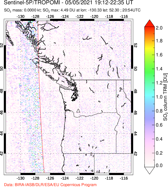 A sulfur dioxide image over Cascade Range, USA on May 05, 2021.