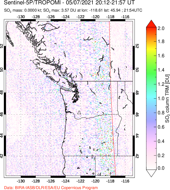 A sulfur dioxide image over Cascade Range, USA on May 07, 2021.