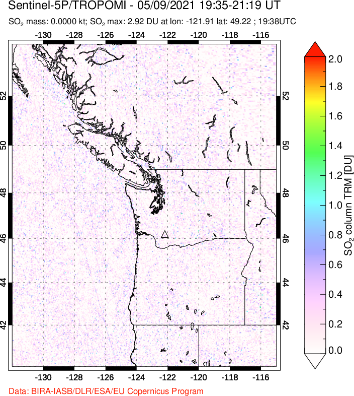 A sulfur dioxide image over Cascade Range, USA on May 09, 2021.