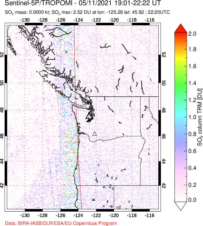 A sulfur dioxide image over Cascade Range, USA on May 11, 2021.