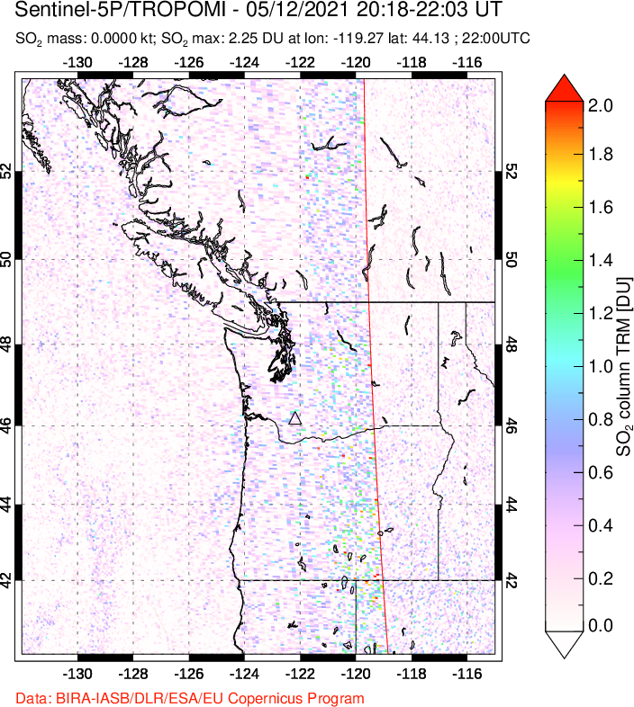 A sulfur dioxide image over Cascade Range, USA on May 12, 2021.