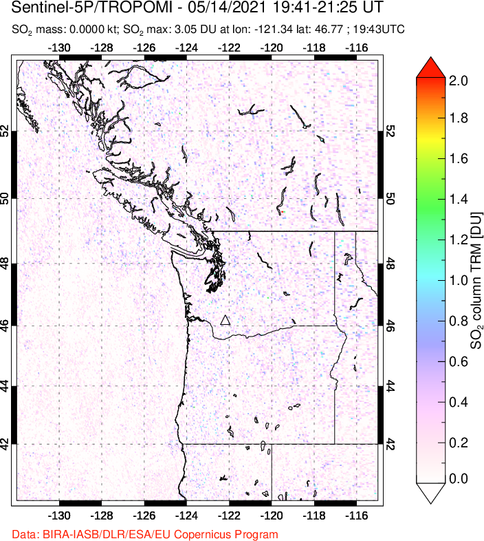 A sulfur dioxide image over Cascade Range, USA on May 14, 2021.