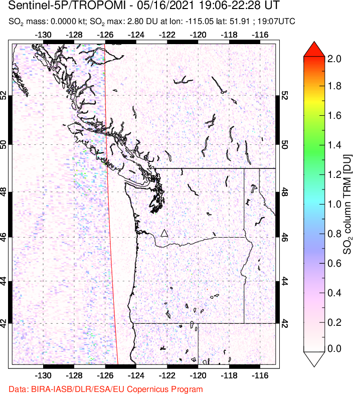A sulfur dioxide image over Cascade Range, USA on May 16, 2021.