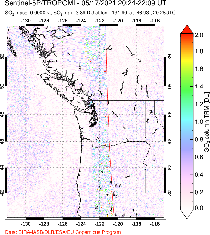 A sulfur dioxide image over Cascade Range, USA on May 17, 2021.