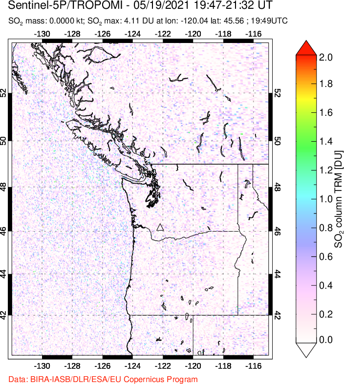 A sulfur dioxide image over Cascade Range, USA on May 19, 2021.