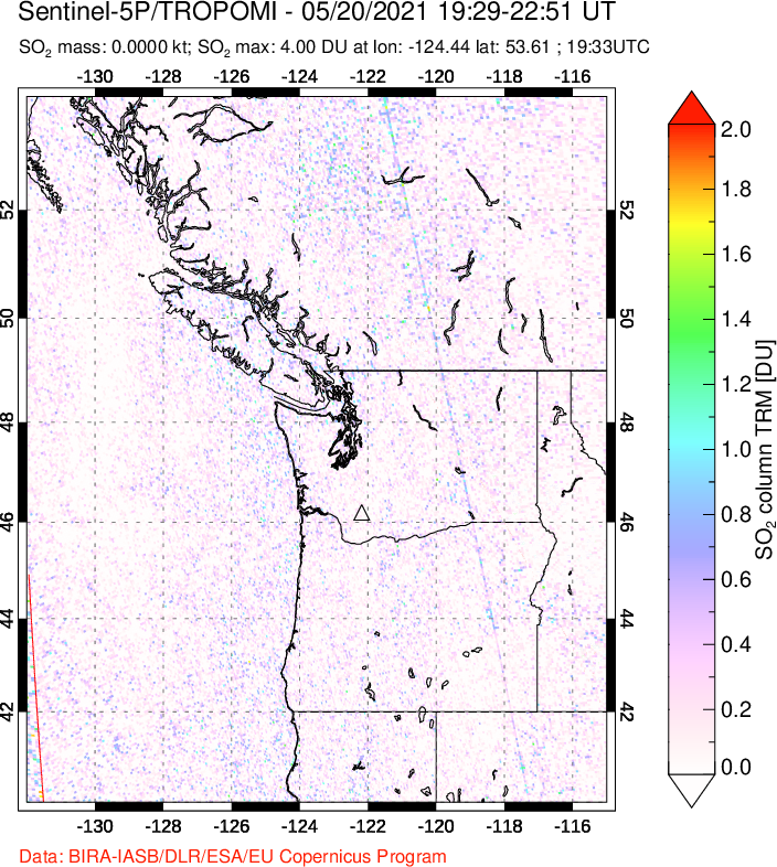 A sulfur dioxide image over Cascade Range, USA on May 20, 2021.