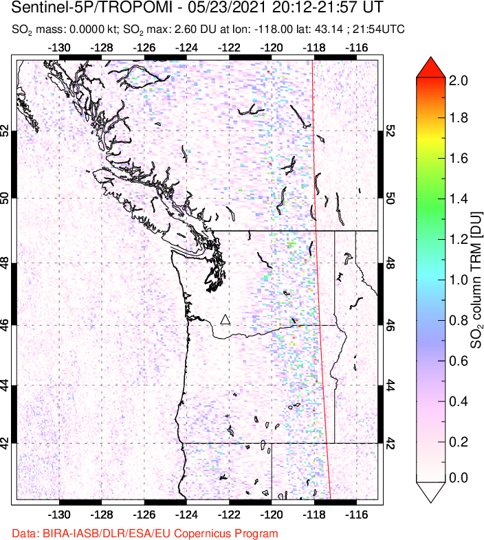 A sulfur dioxide image over Cascade Range, USA on May 23, 2021.