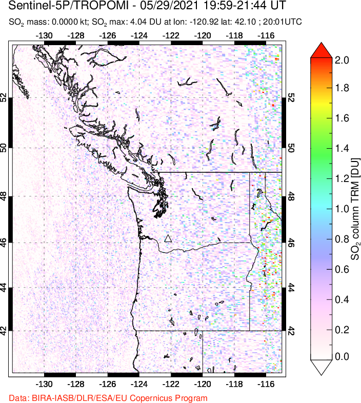 A sulfur dioxide image over Cascade Range, USA on May 29, 2021.