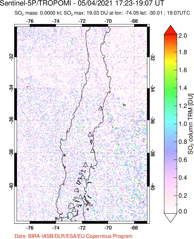 A sulfur dioxide image over Central Chile on May 04, 2021.