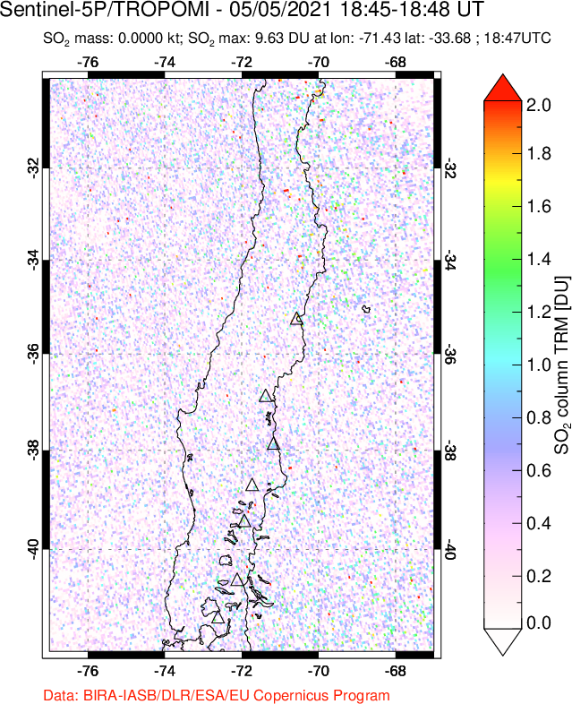 A sulfur dioxide image over Central Chile on May 05, 2021.