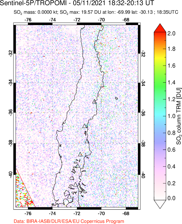 A sulfur dioxide image over Central Chile on May 11, 2021.