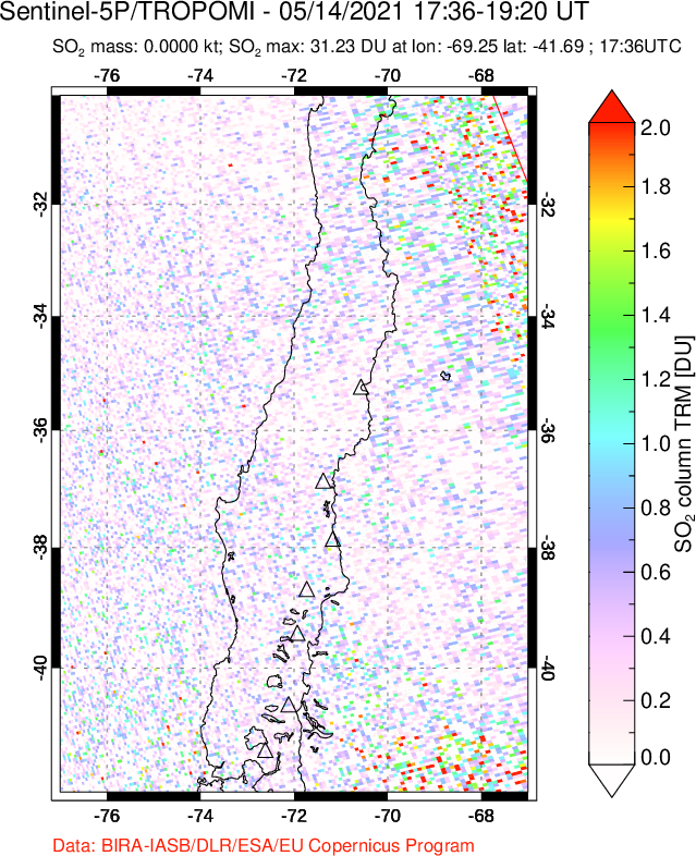 A sulfur dioxide image over Central Chile on May 14, 2021.