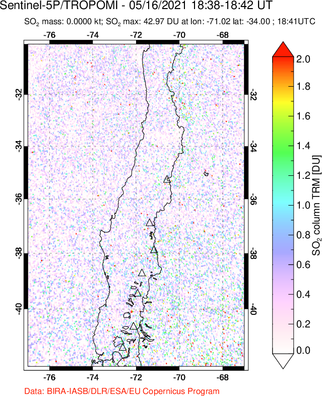 A sulfur dioxide image over Central Chile on May 16, 2021.
