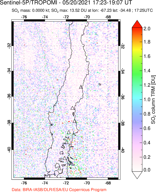 A sulfur dioxide image over Central Chile on May 20, 2021.