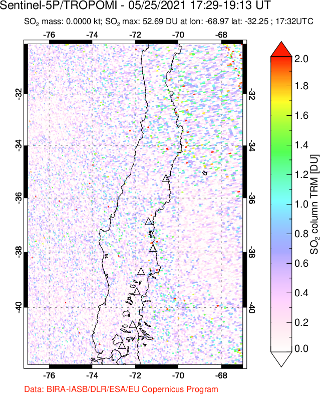 A sulfur dioxide image over Central Chile on May 25, 2021.