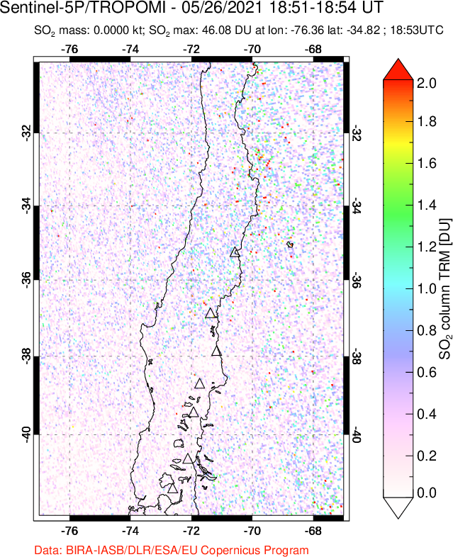 A sulfur dioxide image over Central Chile on May 26, 2021.