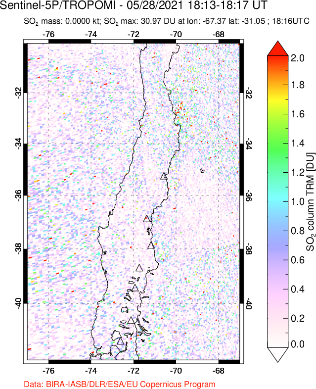 A sulfur dioxide image over Central Chile on May 28, 2021.