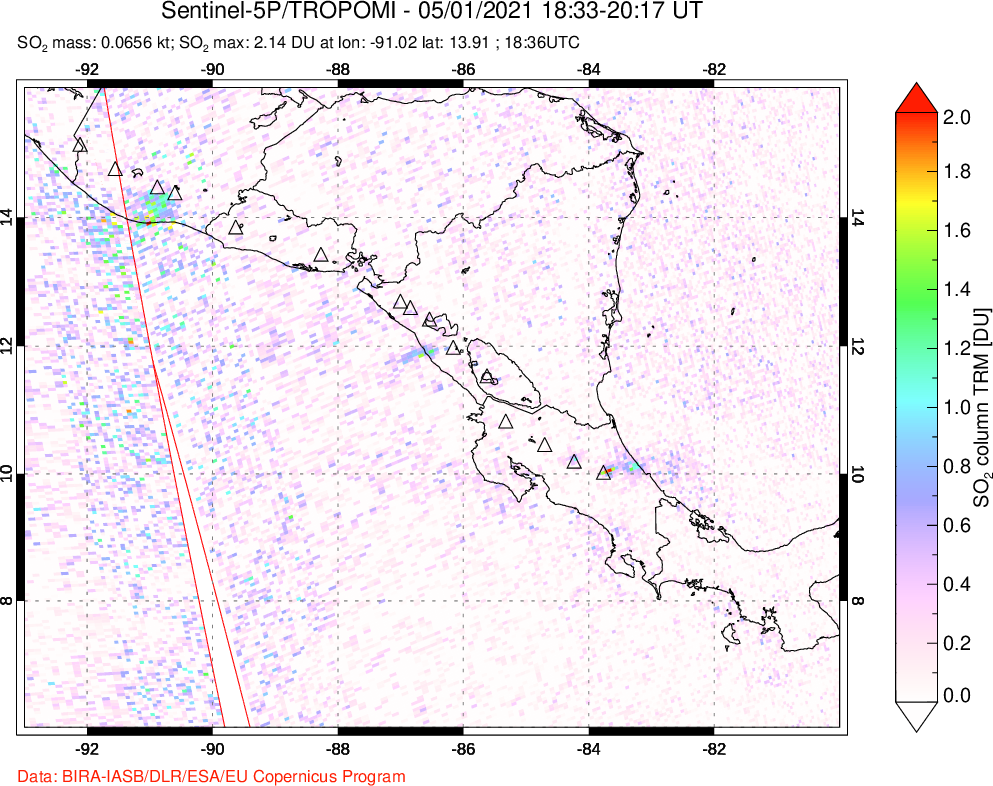 A sulfur dioxide image over Central America on May 01, 2021.