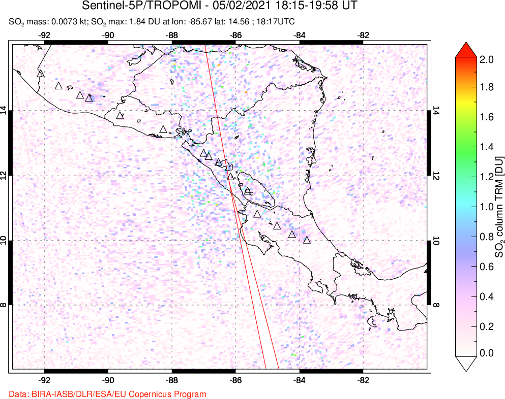 A sulfur dioxide image over Central America on May 02, 2021.