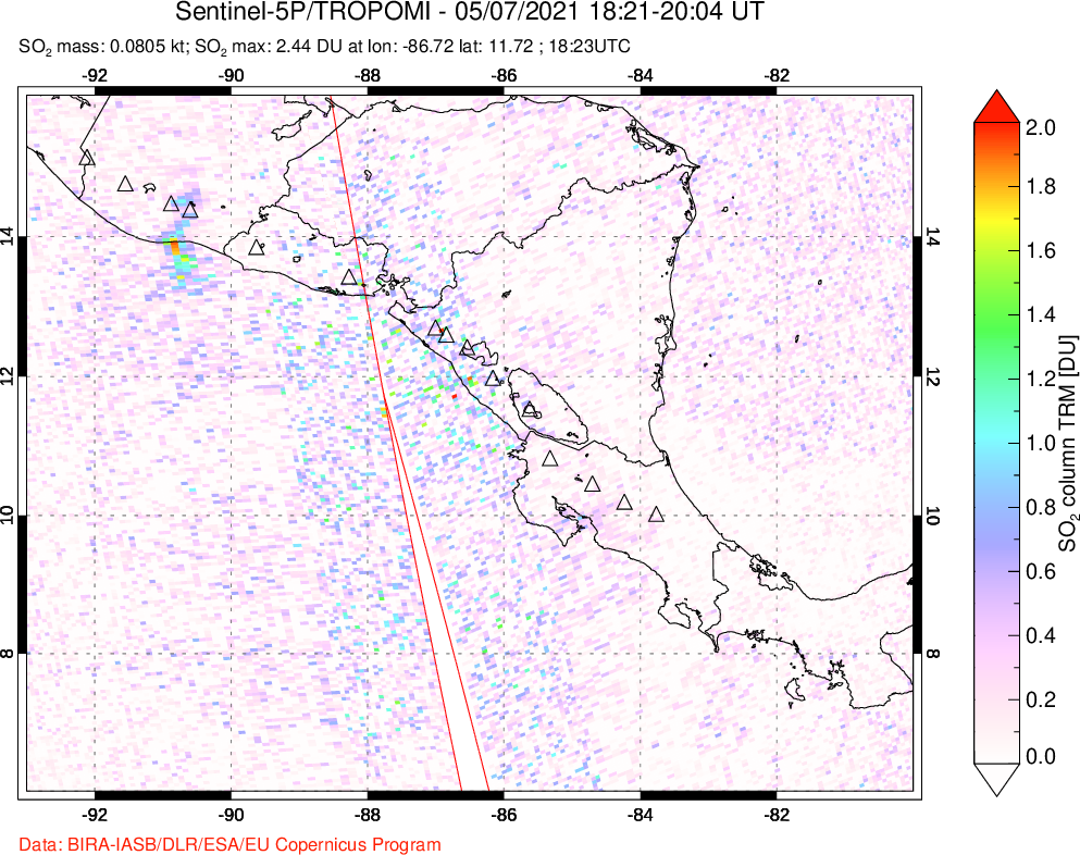 A sulfur dioxide image over Central America on May 07, 2021.