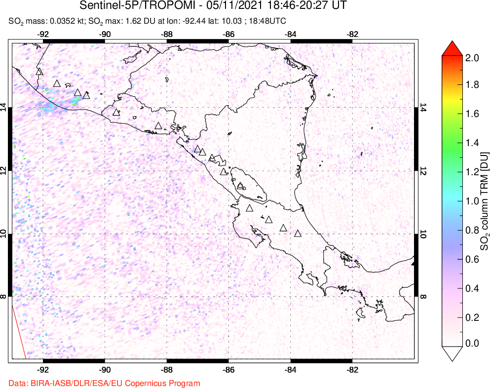 A sulfur dioxide image over Central America on May 11, 2021.
