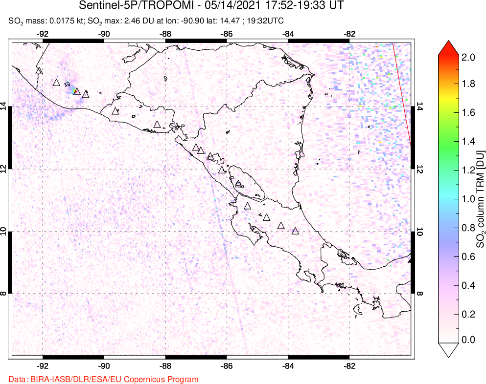 A sulfur dioxide image over Central America on May 14, 2021.