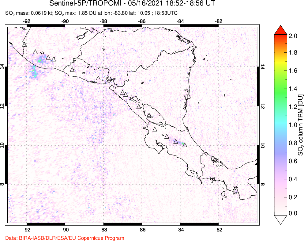 A sulfur dioxide image over Central America on May 16, 2021.