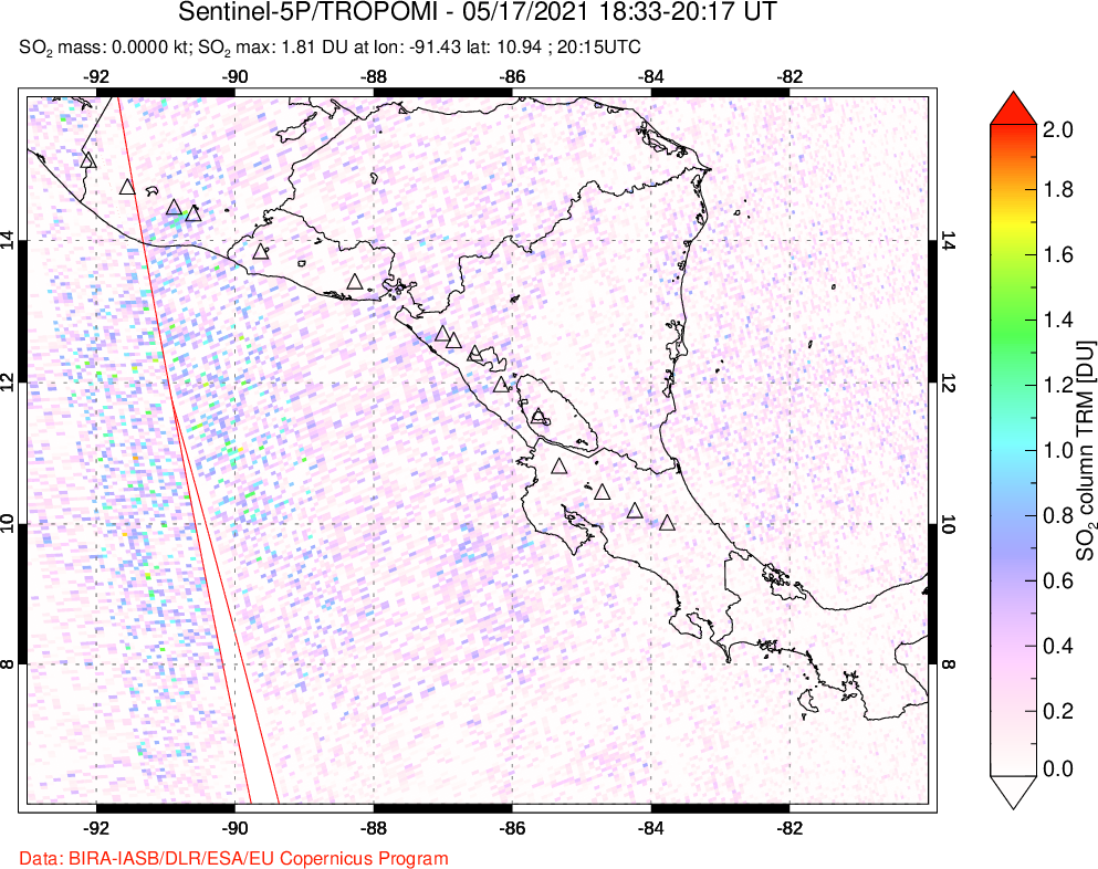 A sulfur dioxide image over Central America on May 17, 2021.