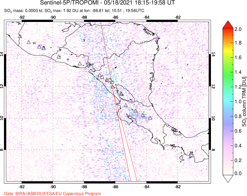 A sulfur dioxide image over Central America on May 18, 2021.