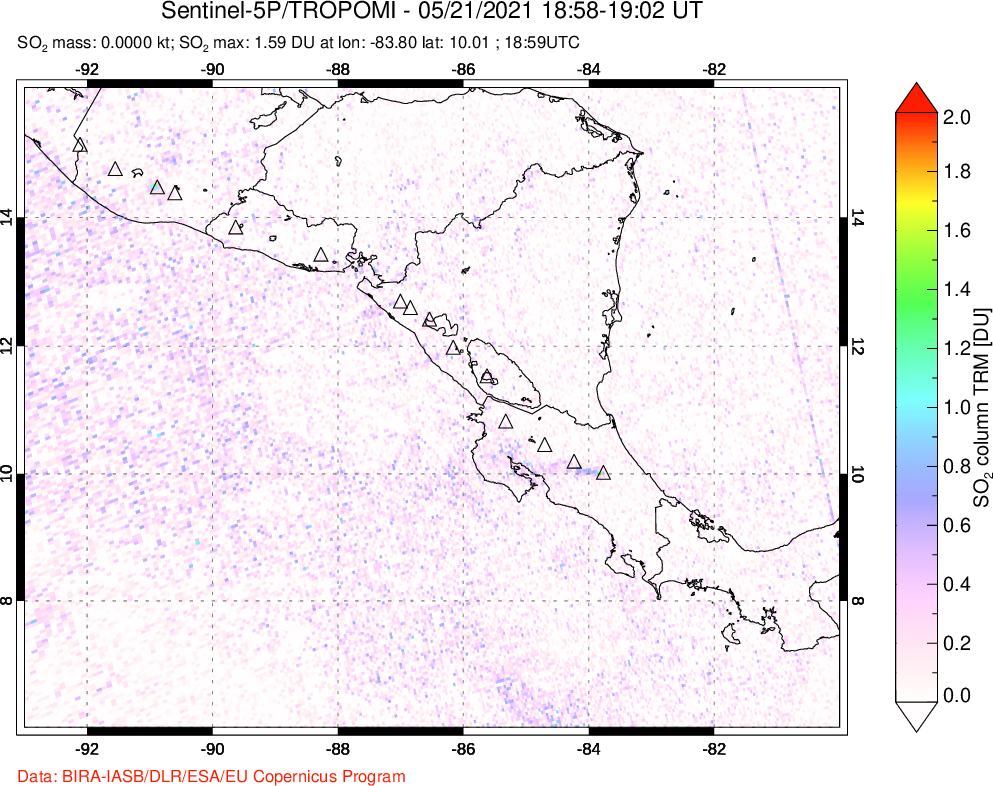 A sulfur dioxide image over Central America on May 21, 2021.