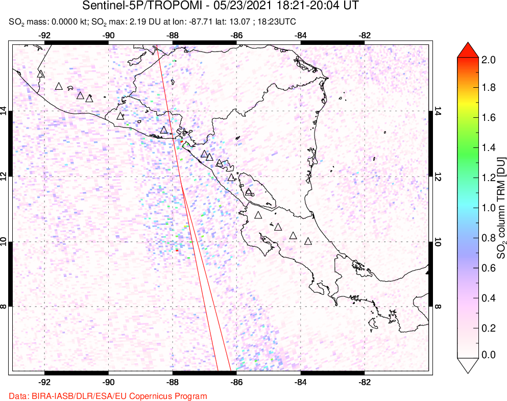 A sulfur dioxide image over Central America on May 23, 2021.