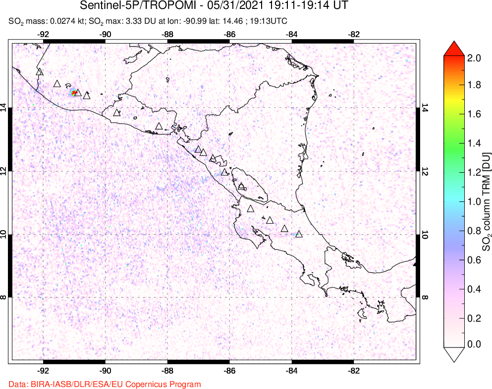 A sulfur dioxide image over Central America on May 31, 2021.