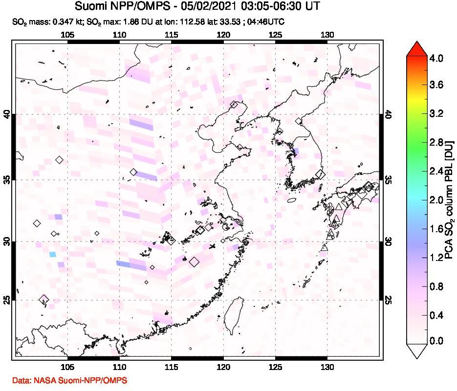 A sulfur dioxide image over Eastern China on May 02, 2021.