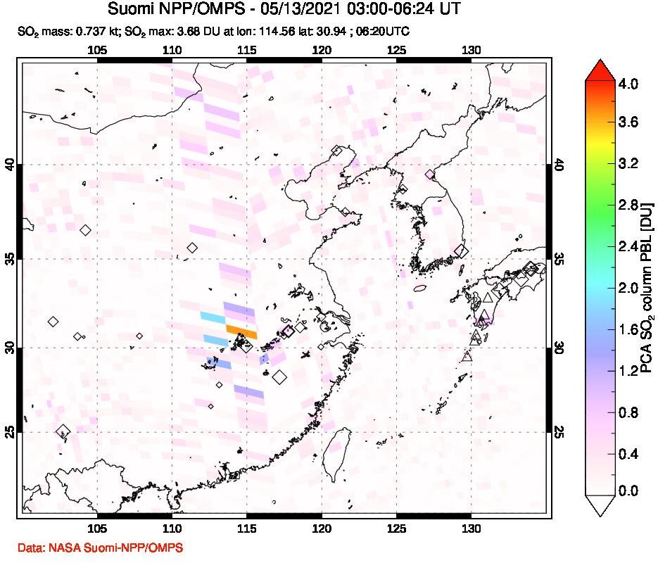 A sulfur dioxide image over Eastern China on May 13, 2021.