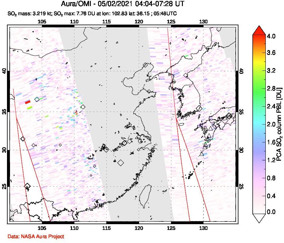 A sulfur dioxide image over Eastern China on May 02, 2021.