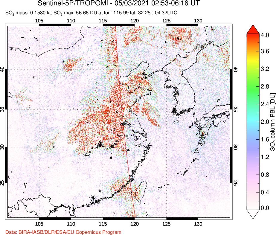 A sulfur dioxide image over Eastern China on May 03, 2021.