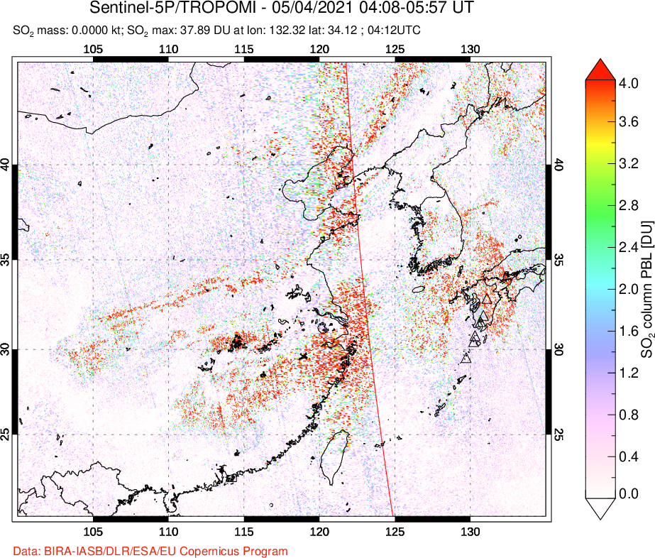 A sulfur dioxide image over Eastern China on May 04, 2021.