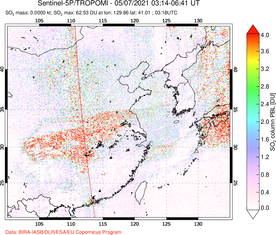 A sulfur dioxide image over Eastern China on May 07, 2021.