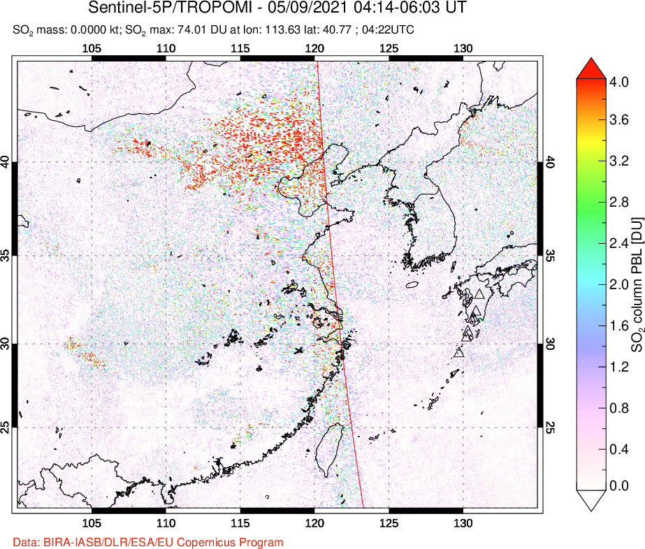 A sulfur dioxide image over Eastern China on May 09, 2021.