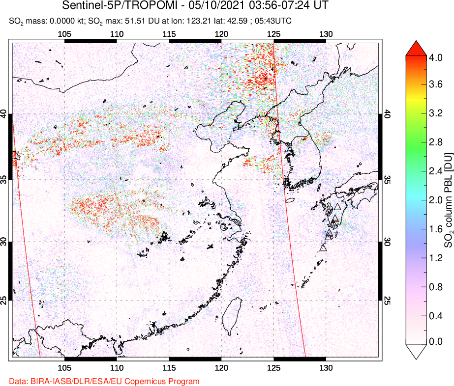 A sulfur dioxide image over Eastern China on May 10, 2021.
