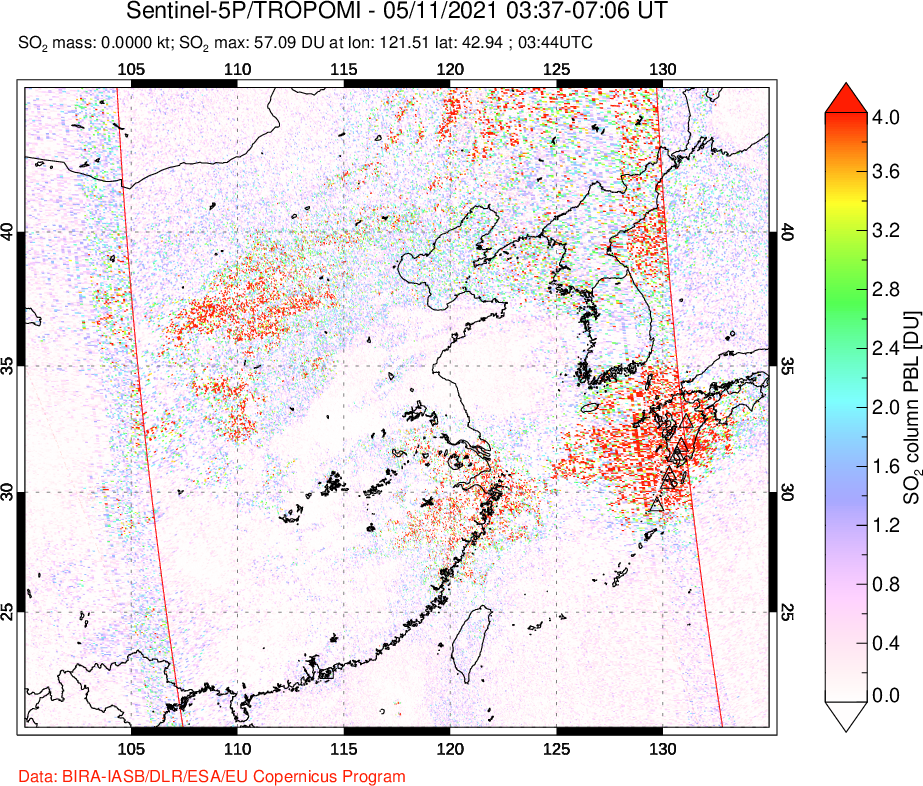 A sulfur dioxide image over Eastern China on May 11, 2021.