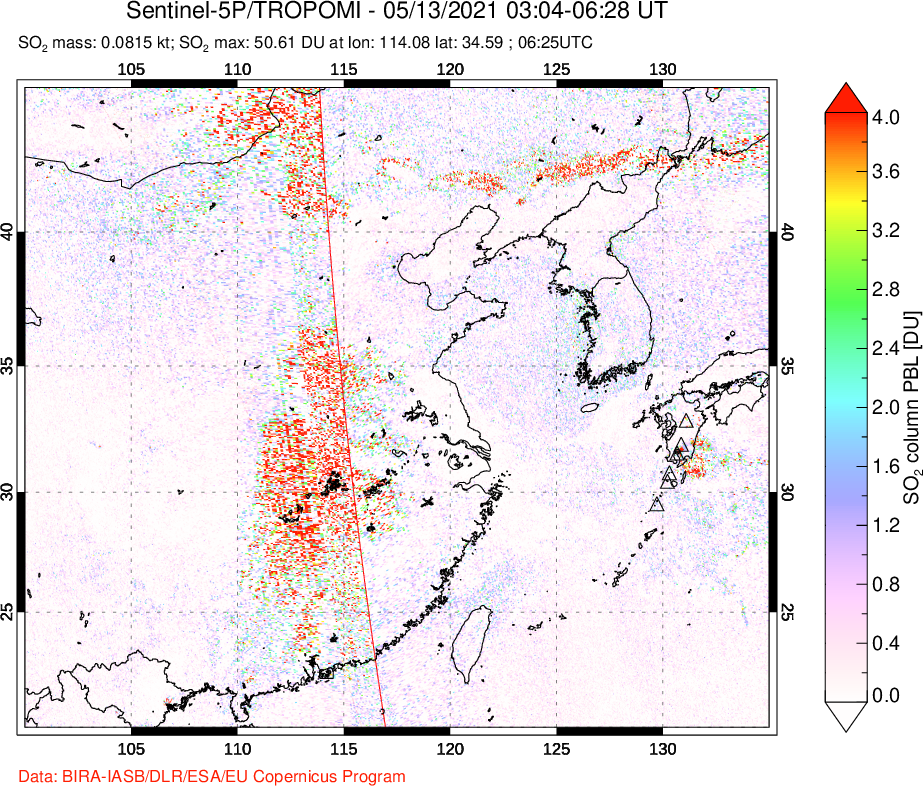 A sulfur dioxide image over Eastern China on May 13, 2021.
