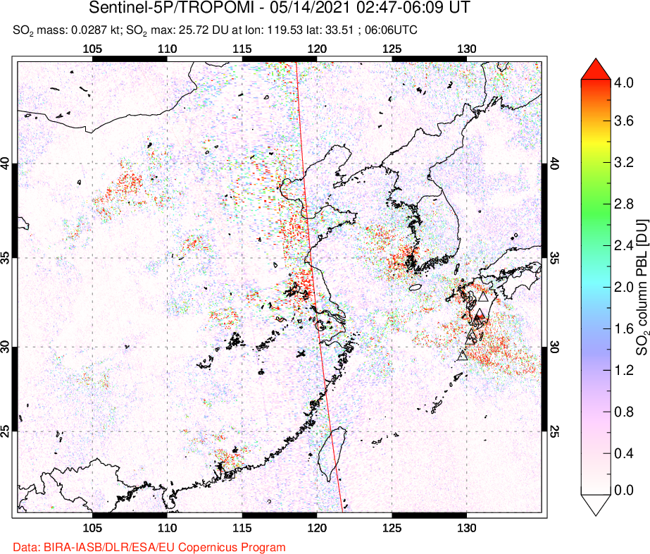 A sulfur dioxide image over Eastern China on May 14, 2021.