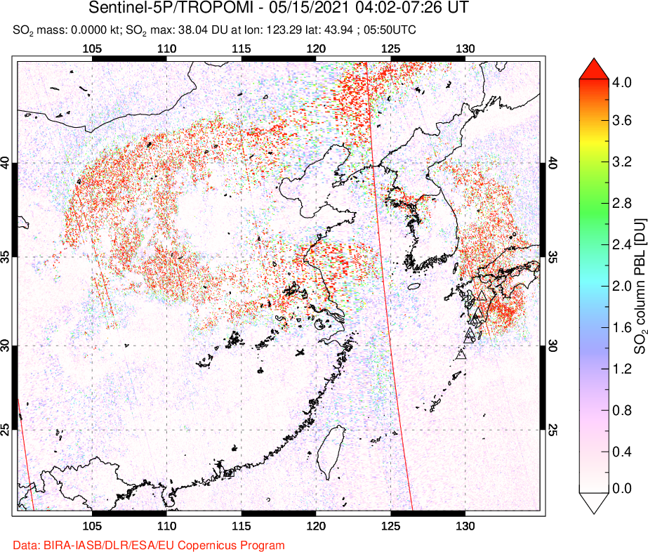 A sulfur dioxide image over Eastern China on May 15, 2021.