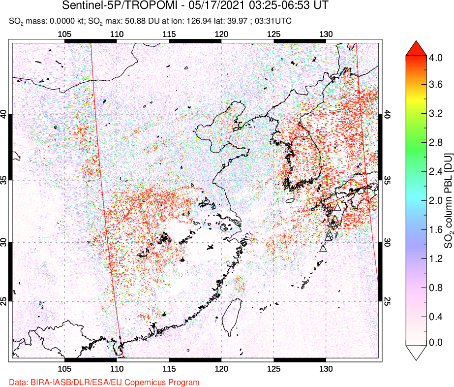A sulfur dioxide image over Eastern China on May 17, 2021.